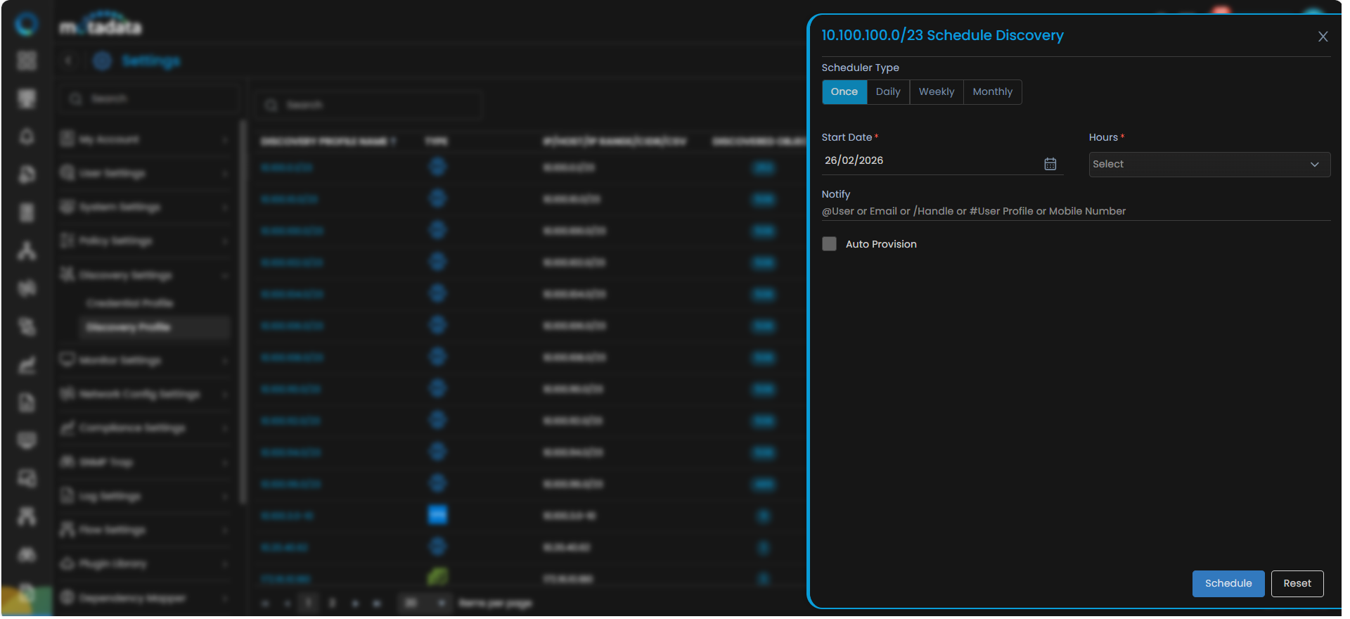 Schedule Discovery popup showing Scheduler Type, Start Date, Hours, Notify, and Auto Provision fields